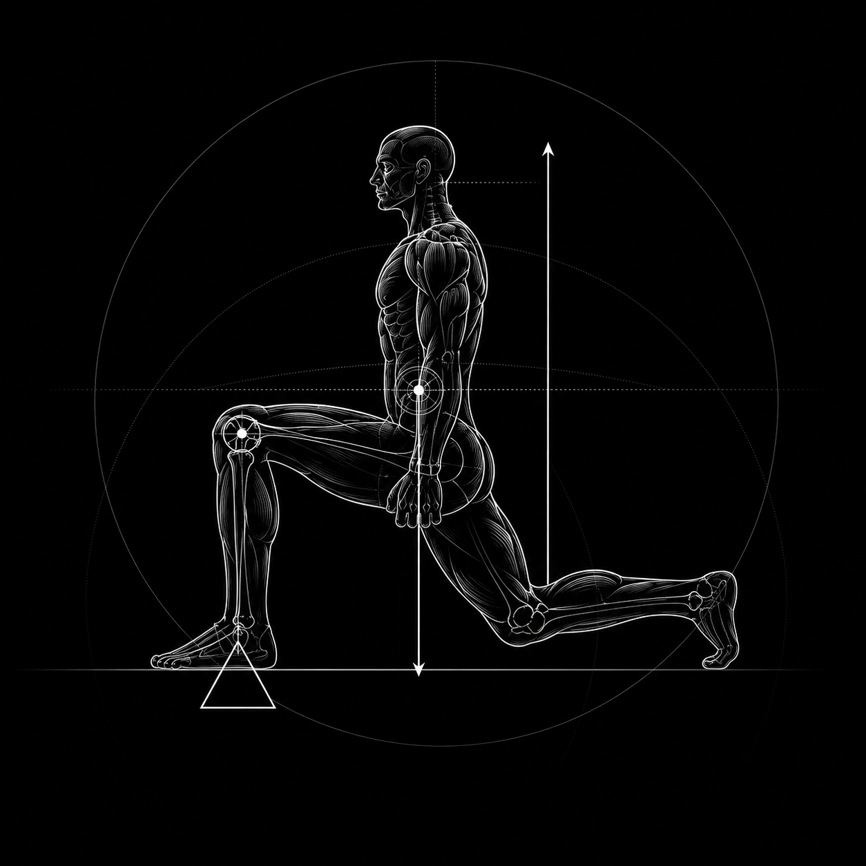 Anatomical illustration of a weighted lunge representing personal training and strength coaching